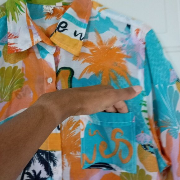 Violet Sky Shirt Tropical Print Button-Up Sz L Cotton Blend Vibrant Colors Women - Picture 4 of 10